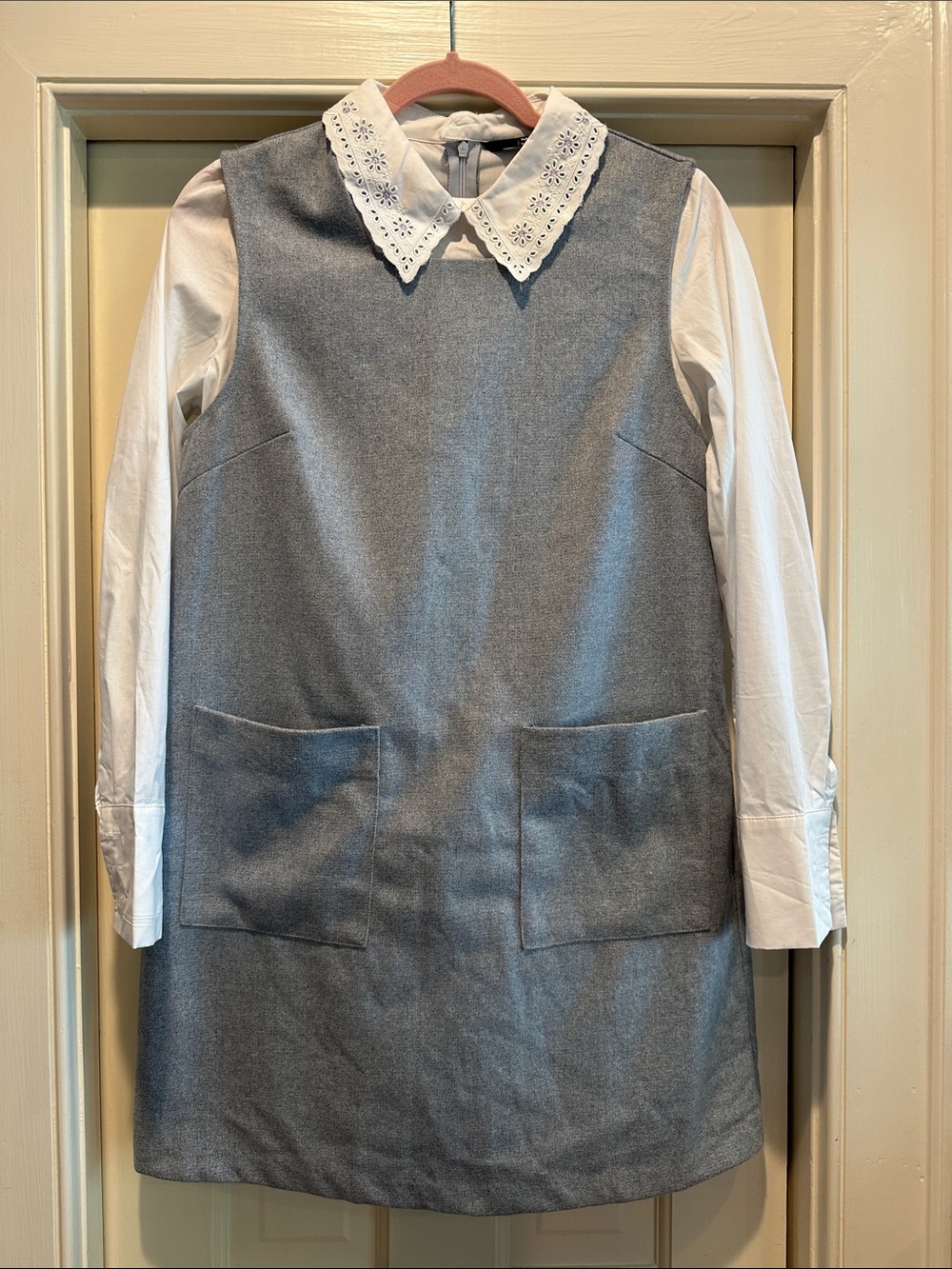 Sister Jane Grey Wool-Blend Pinafore Dress with White Eyelet Collar